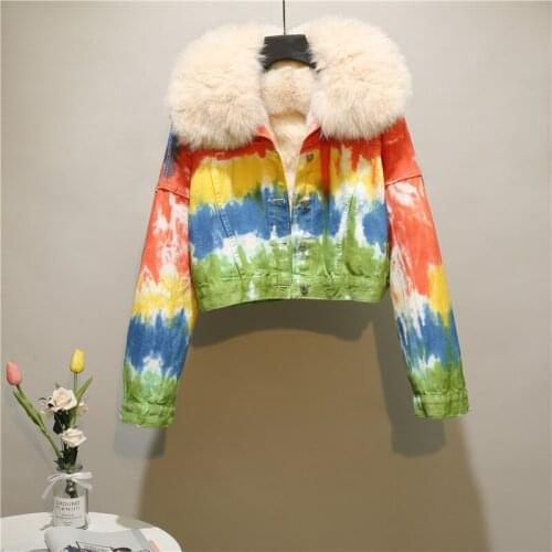 Winter 2021 new tie dyed mixed color short denim jacket female loose thick cotton coat chic graffiti crop jean top parka women