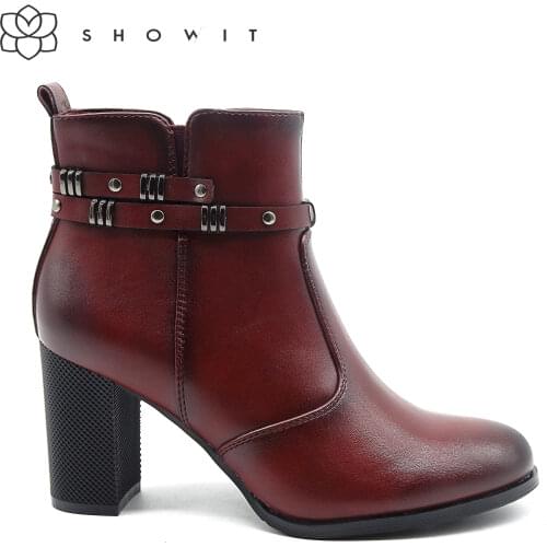Nice styles rivet Females boots Square and High Heel Ankle Classic Fall Boot With Round Toe comfort autumn zipper lady footwear