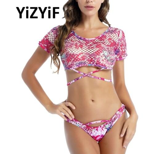 Womens Sexy Tie Die Splice Fishnet Cami Top and High Waist Bikini Set