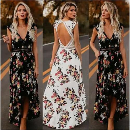 Women Dress Summer New Elegant Vintage Boho Long Maxi Sexy Backless Party Beachdress Floral Print V-Neck Backless Sundress