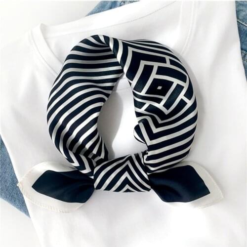 100% Silk Scarf for Women Small Striped Neck Foulard Bag Tie White Black Scarves Natural Lady Hairband Bandana Kerchief New 2021