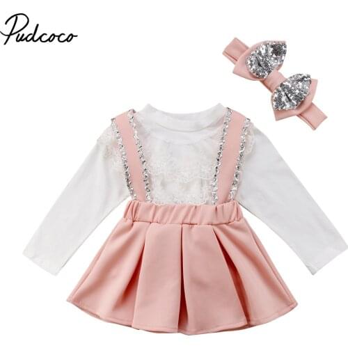 2018 Brand New Princess Toddler Girls Clothes Lace Floral White Turtleneck T-Shirts Tops Pink Bow Overalls Skirts+Headband 3PCS