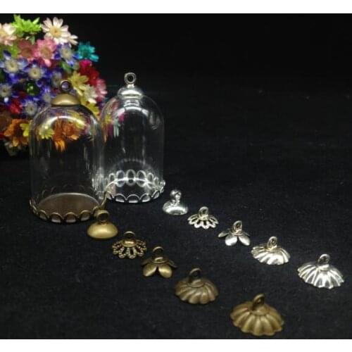 50sets/lot 30*20 bell jar shape glass globe lace base cap set glass bottle necklace diy pendant glass vials cover dome diy vase
