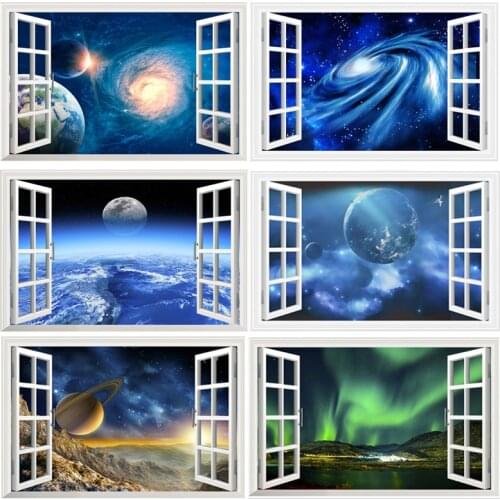 3D Window Universe Galaxy Planet Home Decor Wall Decals For Kids Room Bedroom Living Room Decorative Stickers PVC Wall Stickers