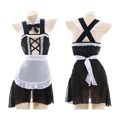 Cosplay Homewear Chiffon Semi Transparent Maid Dress Black Sexy Womens Apron Nightdres Sleepwear Japanese Lolita Cross Hollow