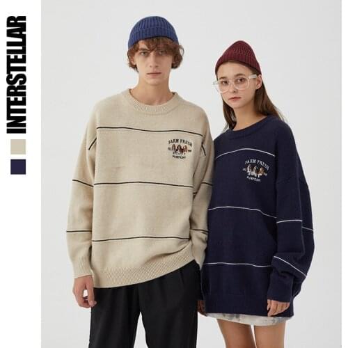 INTERSTELLAR Striped Knitted Jumpers High Quality Sweaters Streetwear Harajuku Casual Embroidery Pullover Knitwear Men Male Tops
