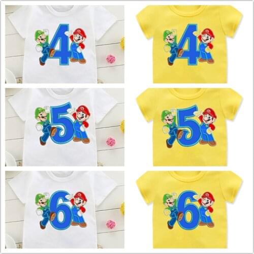 Game Super Number 4-9 Letter White Yellow Print Boys/Girls T shirt Kids Happy Birthday Gift Number Clothes Baby Cartoon T-shirt