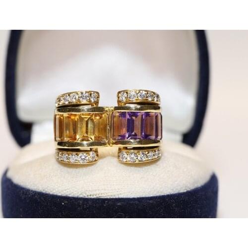Perfect 18k Yellow Gold Natural Diamond And Amethyst Topaz Decorated Pretty Strong Ring