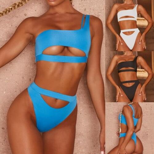 Cut Out Swimwear One Shoulder Swimsuit Women Bikini Sexy Solid Bikinis Set 2021 Two-piece Swimming Suit Beachwear Summer Biquini