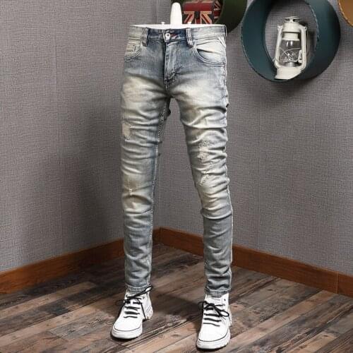 Italian Fashion Men Jeans Retro Light Blue High Quality Elastic Slim Fit Ripped Denim Pants Patchwork Vintage Designer Trousers