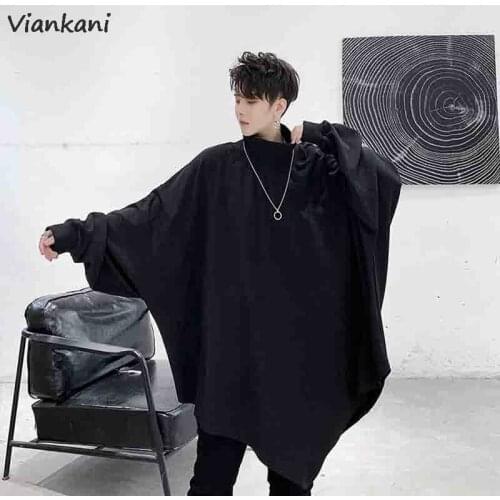 Mens Sweater Autumn 2021 Dark Bat Sleeve Rib Mock Neck Pointed Hem Loose Pullover Tops Male Korean Long Sleeve Sweaters