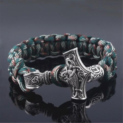 Norse Viking Thor Hammer Mjolnir&Rune Bead Parachute Cord Rope Bracelet Gift