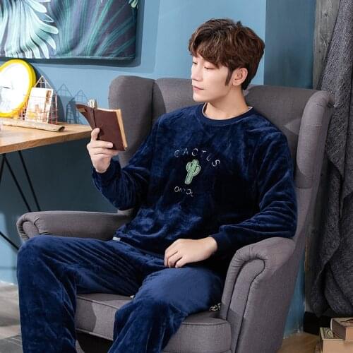 Autumn Pajamas Set Mens Clothing Coral Fleece Pyjamas Winter Flannel Thicken Warm Sleepwear Casual Homewear Plus Size XXXL