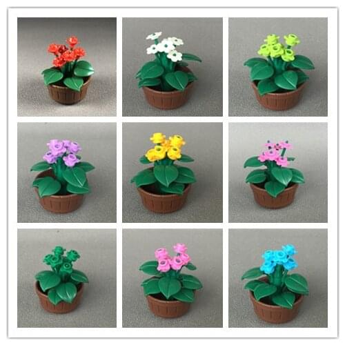 Single set Sale MOC Bricks DIY Colorful Flowers Pot Plants Red Rose Flower Stem Barrel NEW Educational Building Blocks kids gift