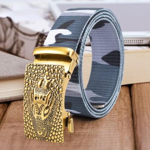 Crocodile Head Alloy Toothless Automatic Buckle Belt Mens Camouflage Woven Nylon Waistband Leisure All-match Youth Belt Male