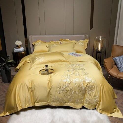 Luxury Yellow Satin Embroidery Egyptian Cotton Duvet Cover Bed Linen Fitted Sheet Pillowcases Bedclothes Home Textiles