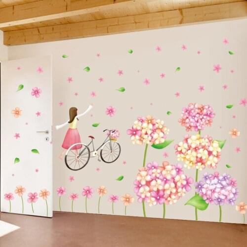 Pink Flowers Girls Bicycle Wall Stickers Home Decoration Wallpaper Living Room Art Decals Kids Room on the Wall Waterproof Mural