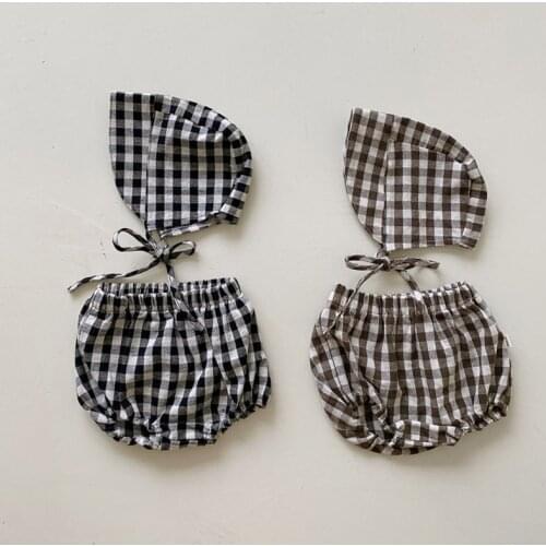 Summer Baby Girls Boys Shorts Plaid Cotton Baby Bloomers Hat Clothes Set Infant Toddler Kids Photo Props Roupa Bebe Diaper Cover