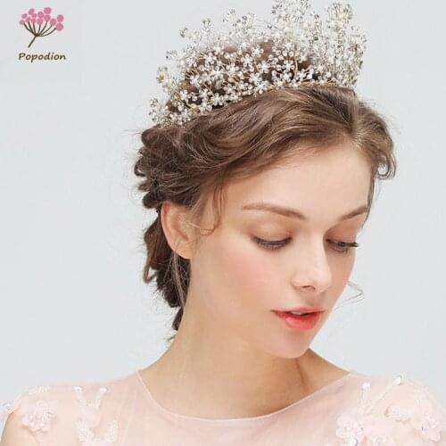 Popodion Wedding Accessories Crown Pearl Crown Handmade Bridal Headband Headwear Wedding Accessories Decoration WAS10114