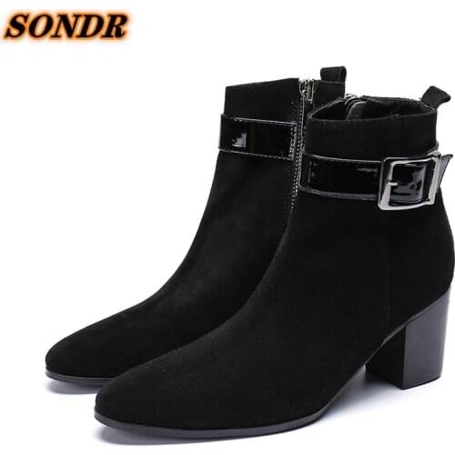 Italian Man High Heels Chelsea Motorcycle Riding Buckle Strap Shoes Genuine Leather Pointed Toe Mens Handmade Shoes Sepatu Pria