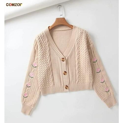 Vintage women cropped cardigan V-neck long sleeve crop top embroidery flower knitted sweater autumn coats poleras mujer