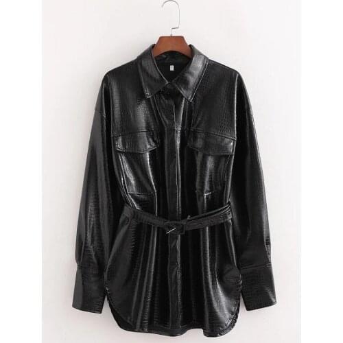New Pop Fall Winter Women Long Jackets Faux Leather Belted Long Sleeves Woman Coat Overshirt Casual Vogue women clothes