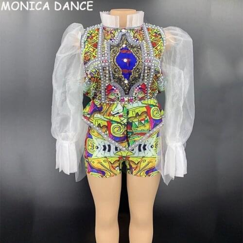 Women Sexy Stage Multi-color Pattern Rhinestone Pearl Shirt Short Transparent Lace Sleeves Outfit Women Dancer Show Outfit Set