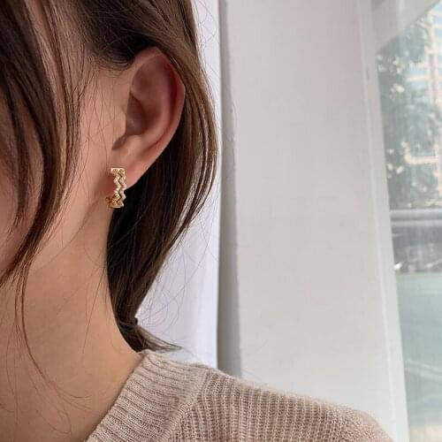Wave Microinlay Fashion Creative Gold Color Cubic Zirconia Stud Earrings For Women Girls Luxury Trendy Aesthetic Jewelry SD2377