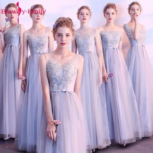 Beauty Emily Long Grey Pink Bridesmaid Dresses 2019 Sweep Train Vestidos Para Festa A-line Floor-Lnegth Wedding Party Prom Dress