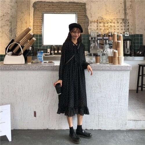 Women Chiffon Dress Spring Summer New Fashion Female Long Sleeve Vintage Printed Dot Lace Up Loose Casual A-line Dresses