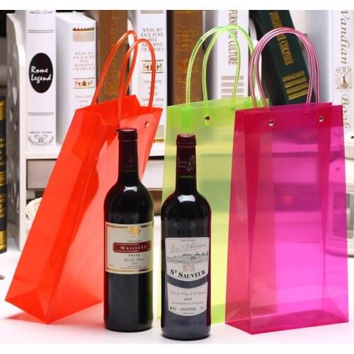 100pcs/lot) high quality waterproof transparent PVC wine shopping bag with handles
