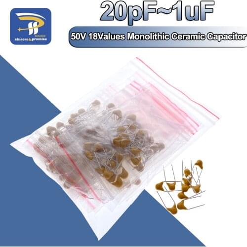 18values*10pcs =180pcs Monolithic Ceramic Capacitor 20pF~1uF, (105) 50V Multilayer Ceramic Capacitor Assorted Kit 22PF 30PF 100P