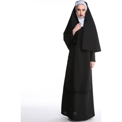 2017 Wholesale Virgin Mary Nuns Costumes for Women Sexy Long Black Nuns Costume Arabic Religion Monk Ghost Uniform Halloween