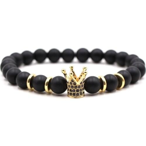 2021 Trendy 8mm Matte Black natural stone bead Bracelets Bangle pave CZ Crown bracelet for Men&Women DIY classic charm Jewelry