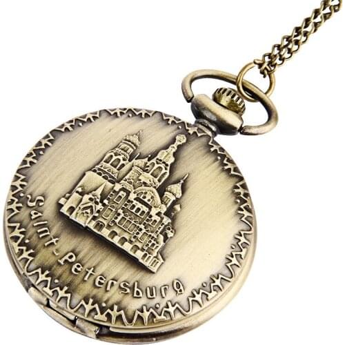 50pcs/lot Retro Bronze Carved Saint Petersburg Quartz Pocket Watch Watches Necklace Wholesale