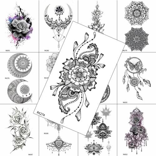 Black Mandala Flower Temporary Tattoos Sticker Chain Fake Jewelry Body Art Arm Chest Tattoo Fot Women Waterpoof Realistic Tattoo