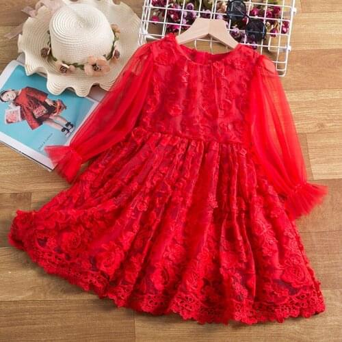Kids Red Dresses For Girls Winter Long Sleeve Princess Party Tutu Clothing 3 4 5 6 7 8 Years Children Christmas Lace Costume