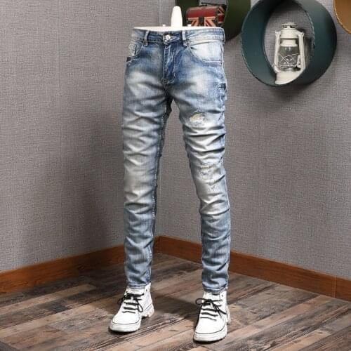 European Vintage Fashion Men Jeans Retro Light Blue Elastic Slim Ripped Jeans Men Patchwork Designer Casual Cotton Denim Pants