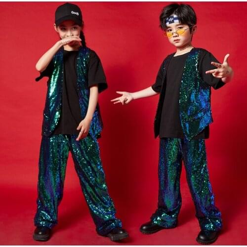 Kids Concert Hip Hop Clothing Sequined Sleeveless Jacket T Shirt Streetwear Pants for Girl Boy Jazz Dance Costume Show Outfits