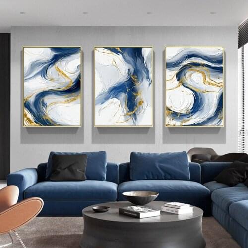 Blue Golden Abstract Graphic Art Canvas Painting Luxury Style Poster Simplicity Print Contemporary Wall Picture Home Decoration