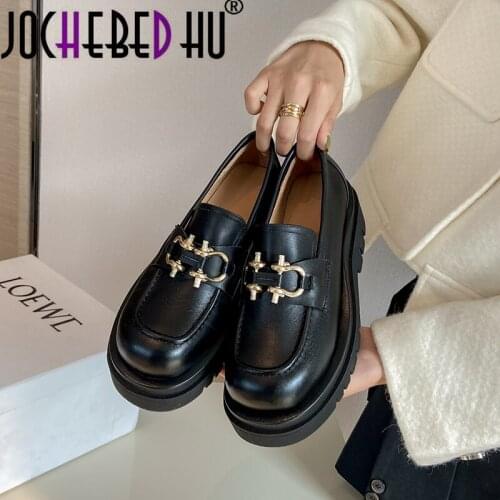 【JOCHEBED HU】Womens Fashion Leather Shoes Platform Thick Bottom Loafers Shoes Casual Muller Female Slip On Casual Oxford Ladie