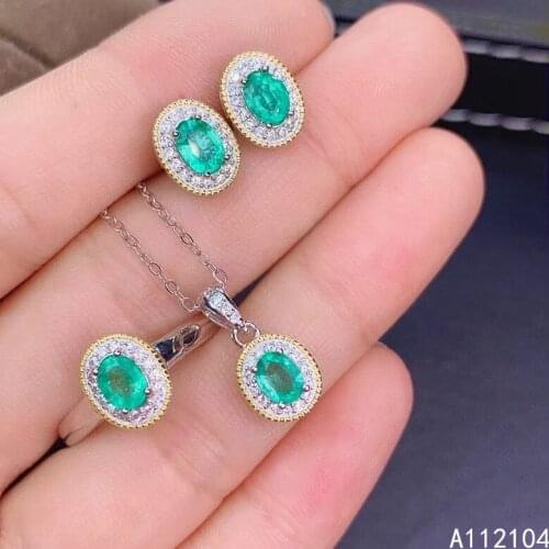 KJJEAXCMY fine jewelry 925 sterling silver natural emerald women classic simple oval gem earrings ring pendant suit support dete