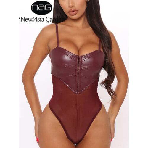 NewAsiz Corset Mesh Bodysuit Top Leather Single Breasted Spaghetti Strap Backless Padded Bodycon Romper Women Sexy Clubwear 2020