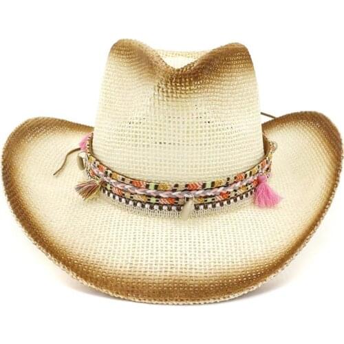 QBHAT Brown Spray Paint Men Women Paper Straw Jazz Cowboy Cowgirl Hat Summer Wide Brim Sun Visor Caps Panama Sunshade Hat