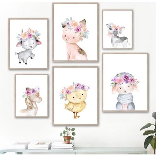 Sheep Pig Horse Chick Cow Bunny Wreath Wall Art Canvas Painting Nordic Posters And Prints Wall Pictures Kids Room Nursery Decor