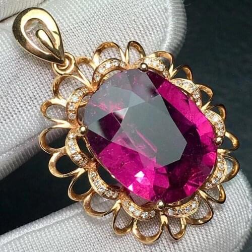 Rubillite Tourmaline Pendant Real 18K Gold Rose 100% Natural Rubillite Tourmaline 15.6ct Gemstones Diamond Pendant Necklace