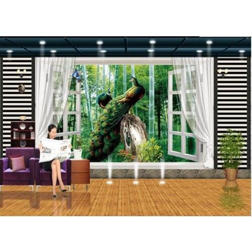 Custom photo wallpaper 3d wall murals wallpaper Out of the window bamboo peacock picture in picture 3d TV setting wall wallpaper