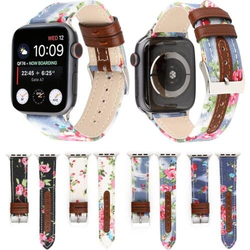 Flowers Denim PU Leather Band for Apple Watch Band Classical Metal Buckle Strap for iWatch Series 4 3 2 1 44mm 40mm 42mm 38mm