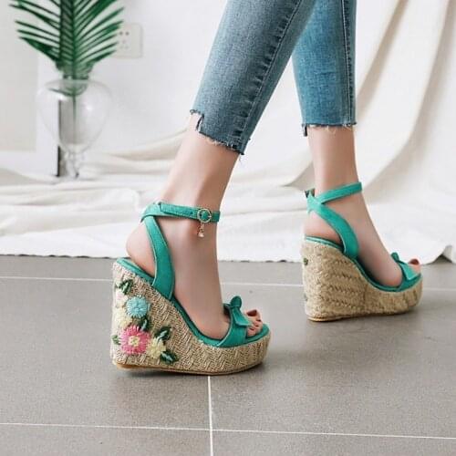 US4-11 Womens Open Toe Bowtie Platform Super Wedge High Heel Embroidery Floral Slingbacks Sandals Summer Shoes Plus Size 3Colors