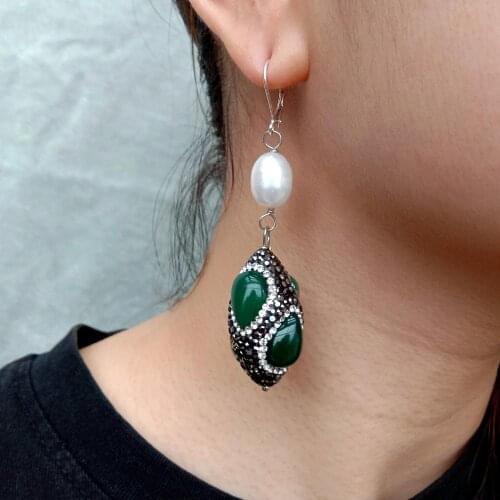 YYGEM Handmade Earrrings White Pearl Green Agate Black Rhinestone Pave Rice Dangle 925 Silver Lever back Earrings for women